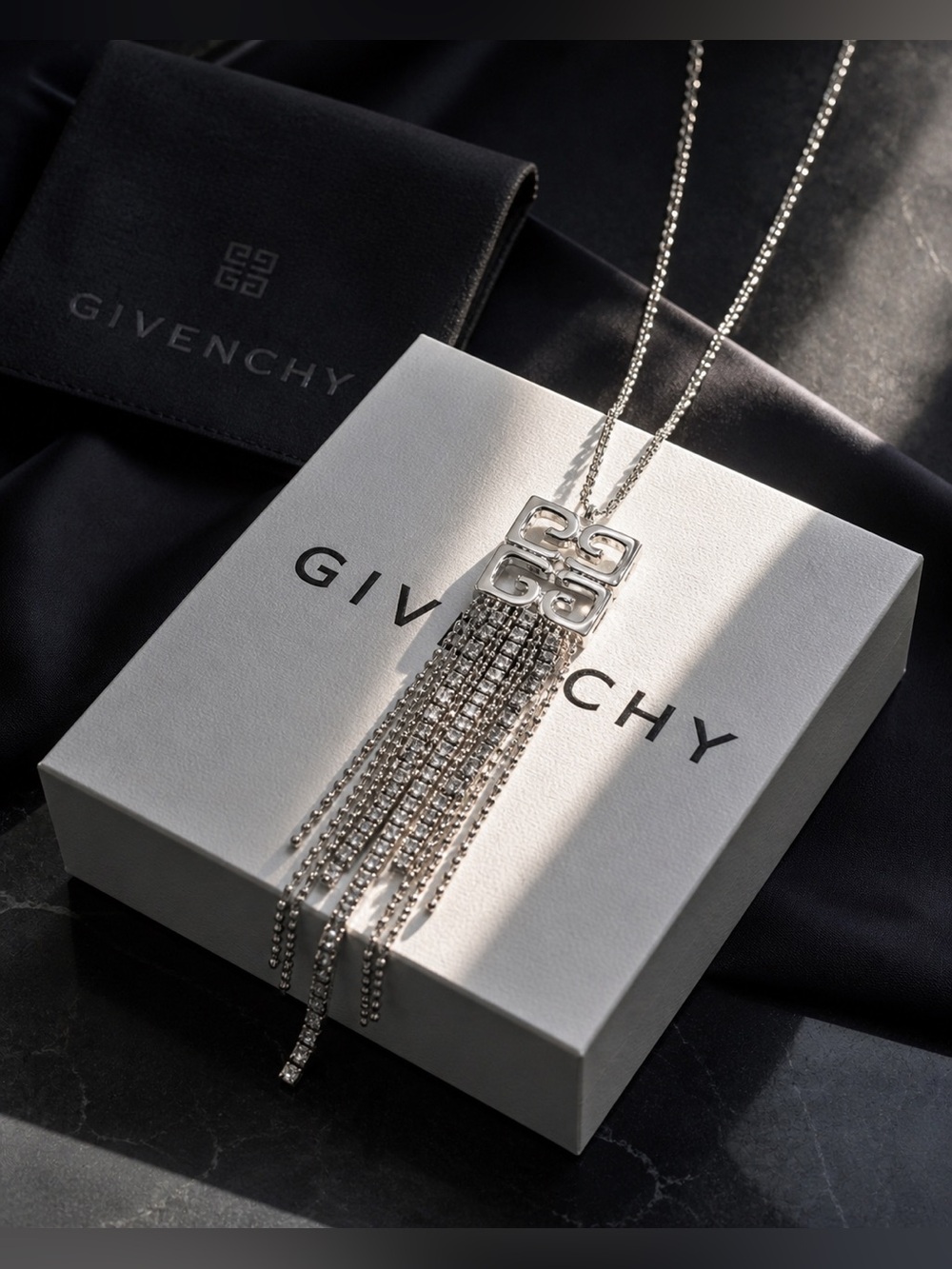 Givenchy 4G Liquid Fringe Crystal Necklace Silver Statement Tassel Pendant - Picture 5 of 8